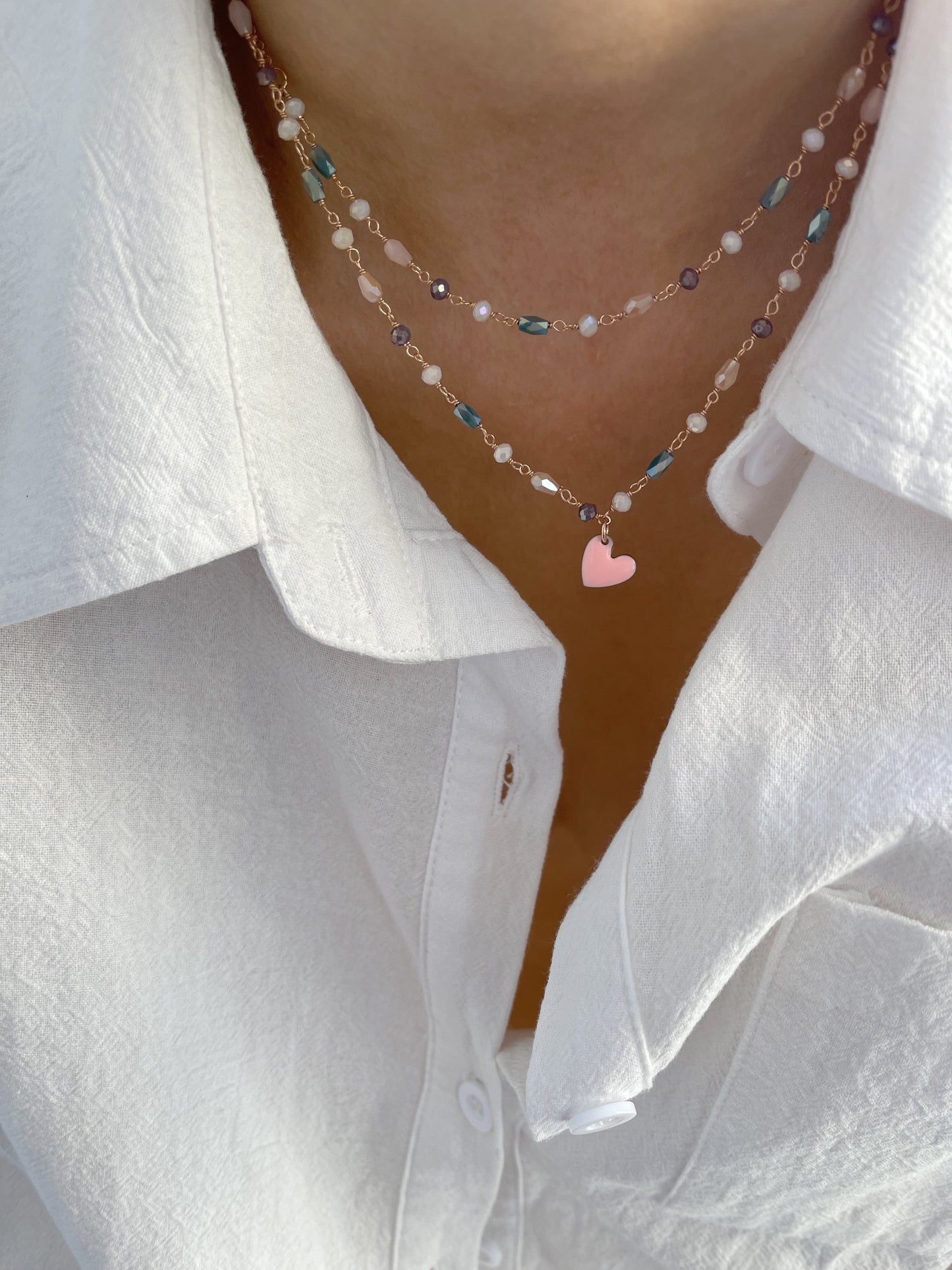 Collana rosario a doppio filo in argento 925 rosato con cuore smaltato