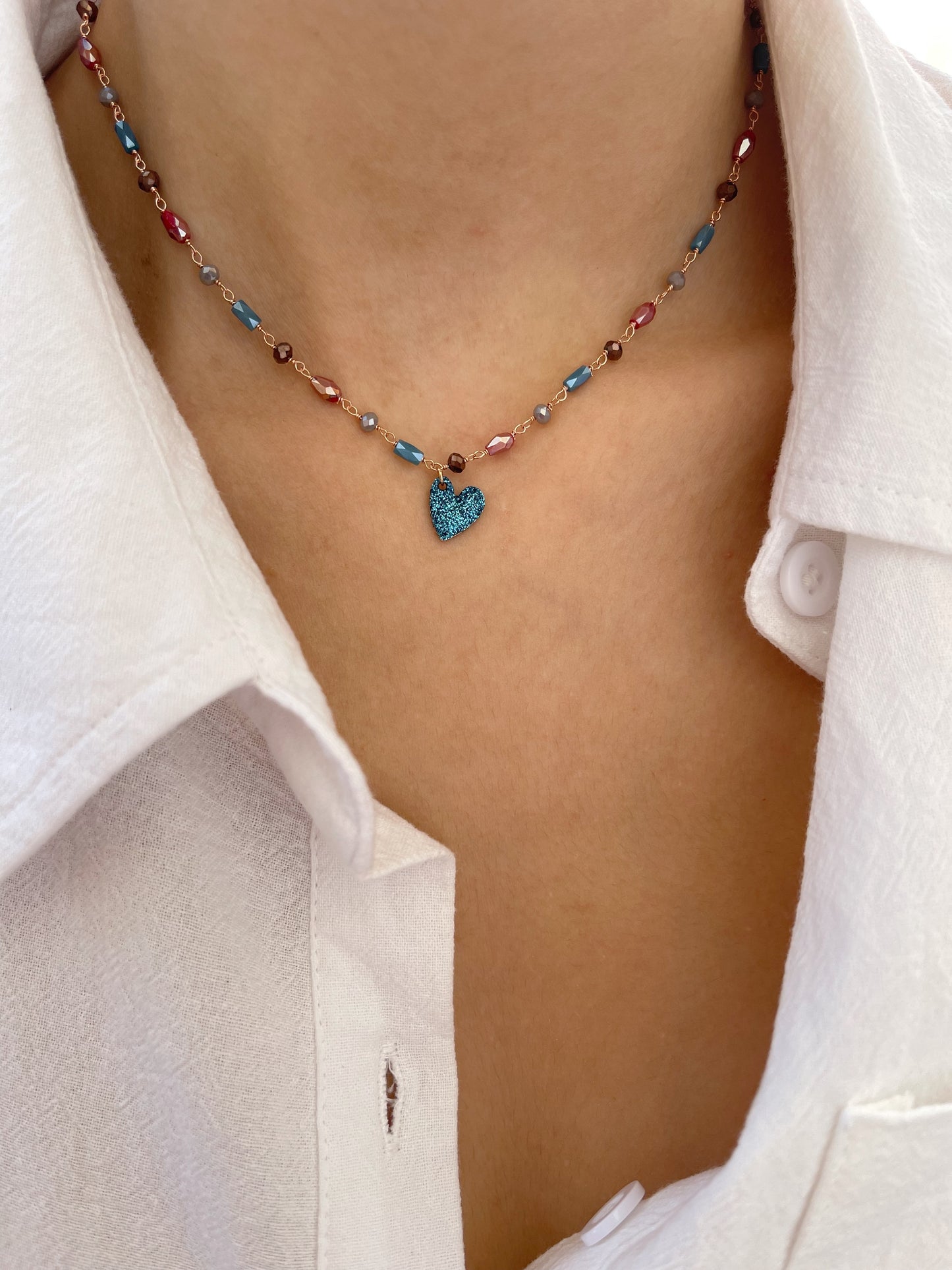 Collana rosario in argento 925 con cuore glitterato