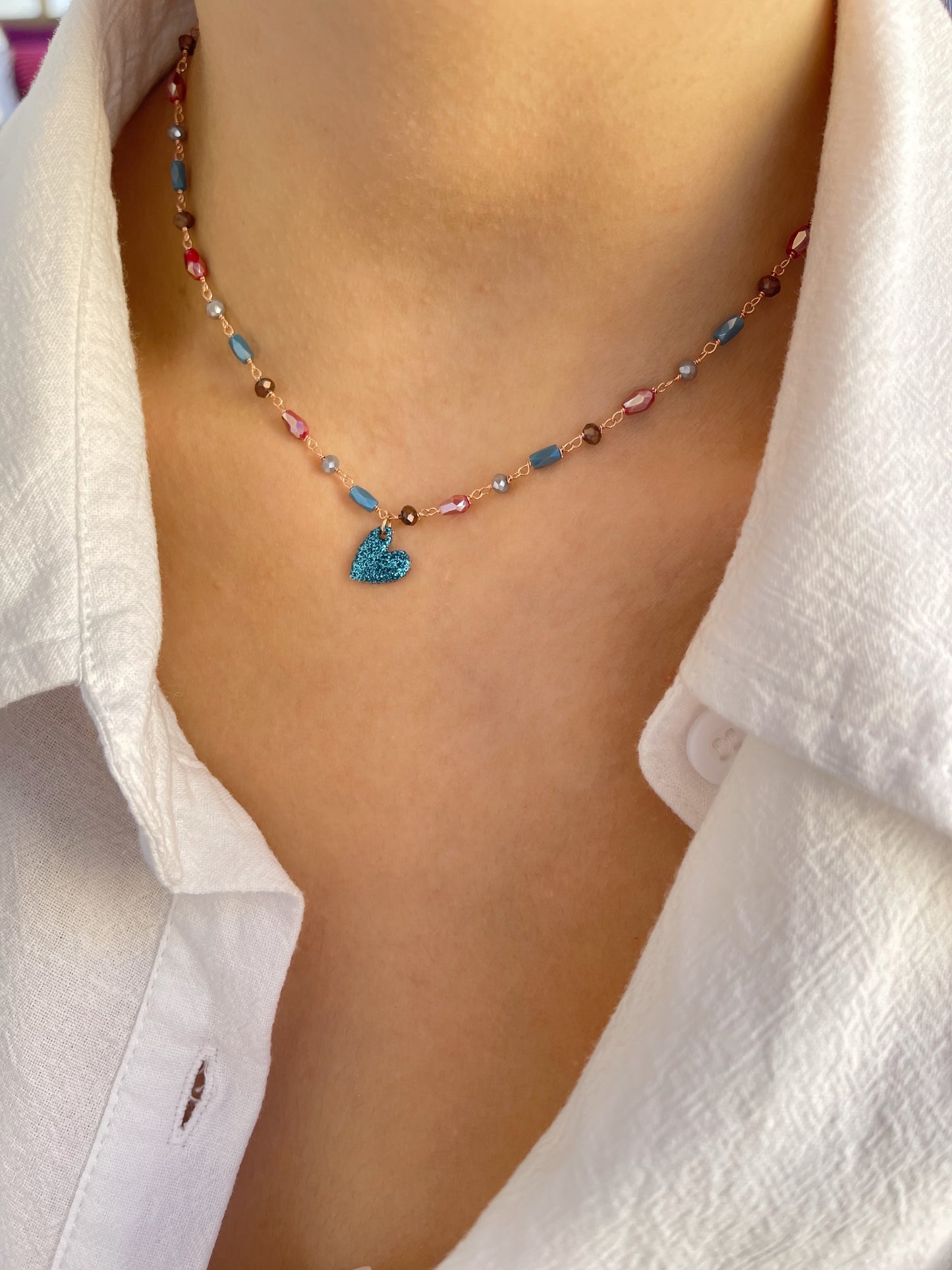 Collana rosario in argento 925 con cuore glitterato