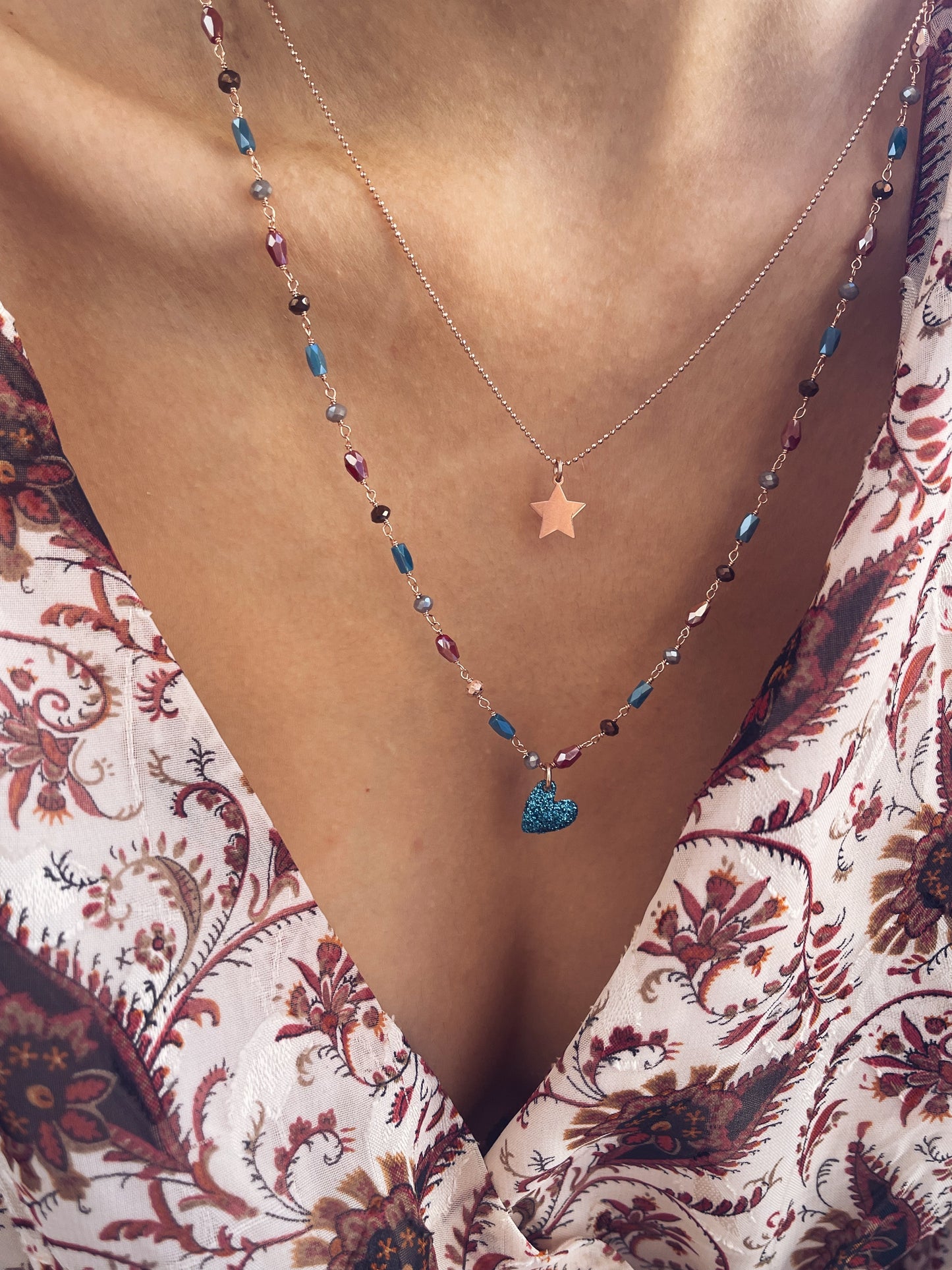 Collana in argento 925 a doppio filo con cuore glitter