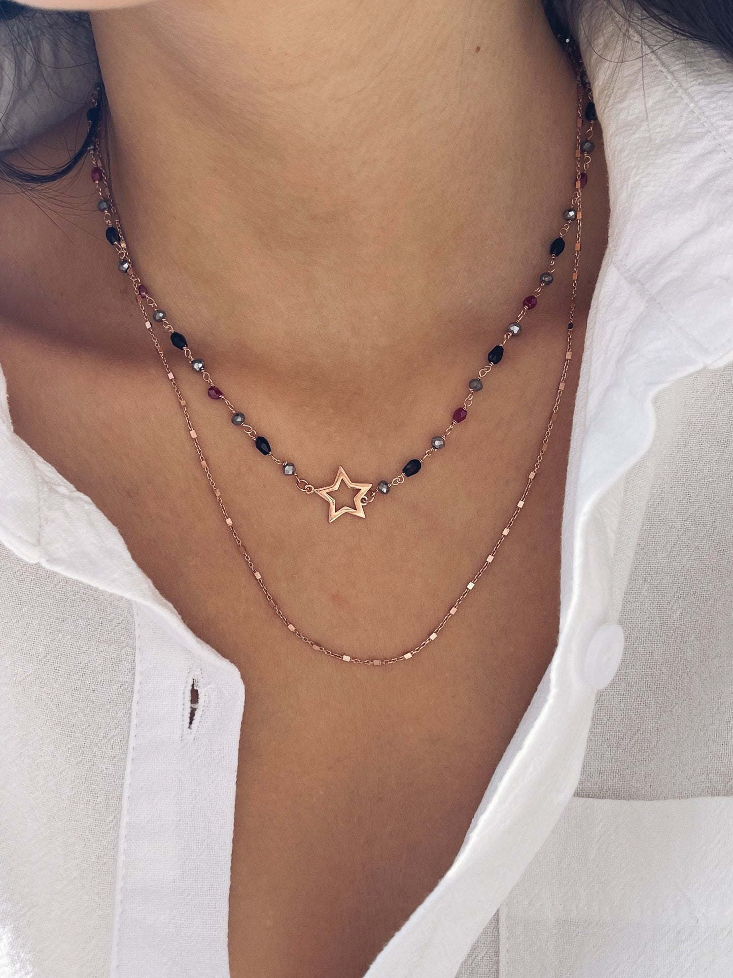 Collana rosario a doppio filo in argento 925 rosato con stella