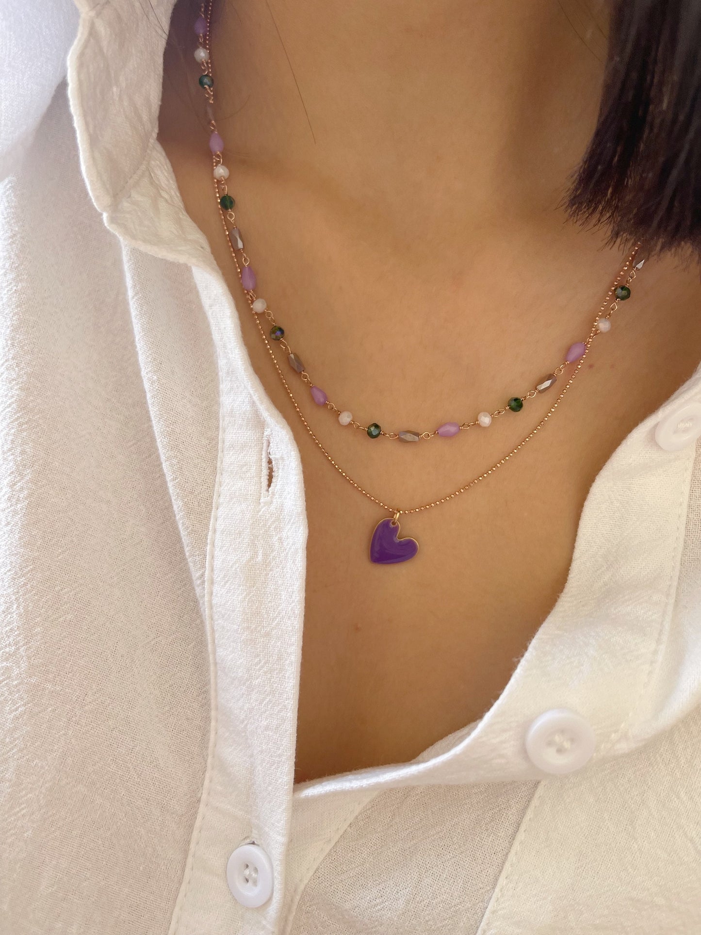 Collana rosario a doppio filo in argento 925 rosato con cuore smaltato