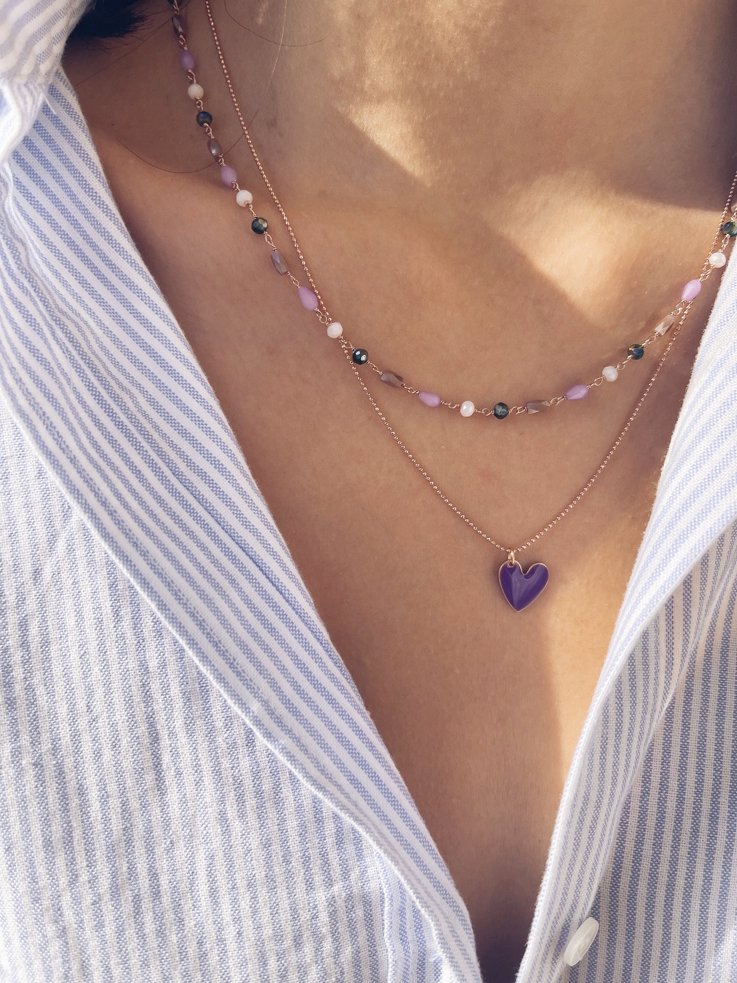 Collana rosario a doppio filo in argento 925 rosato con cuore smaltato