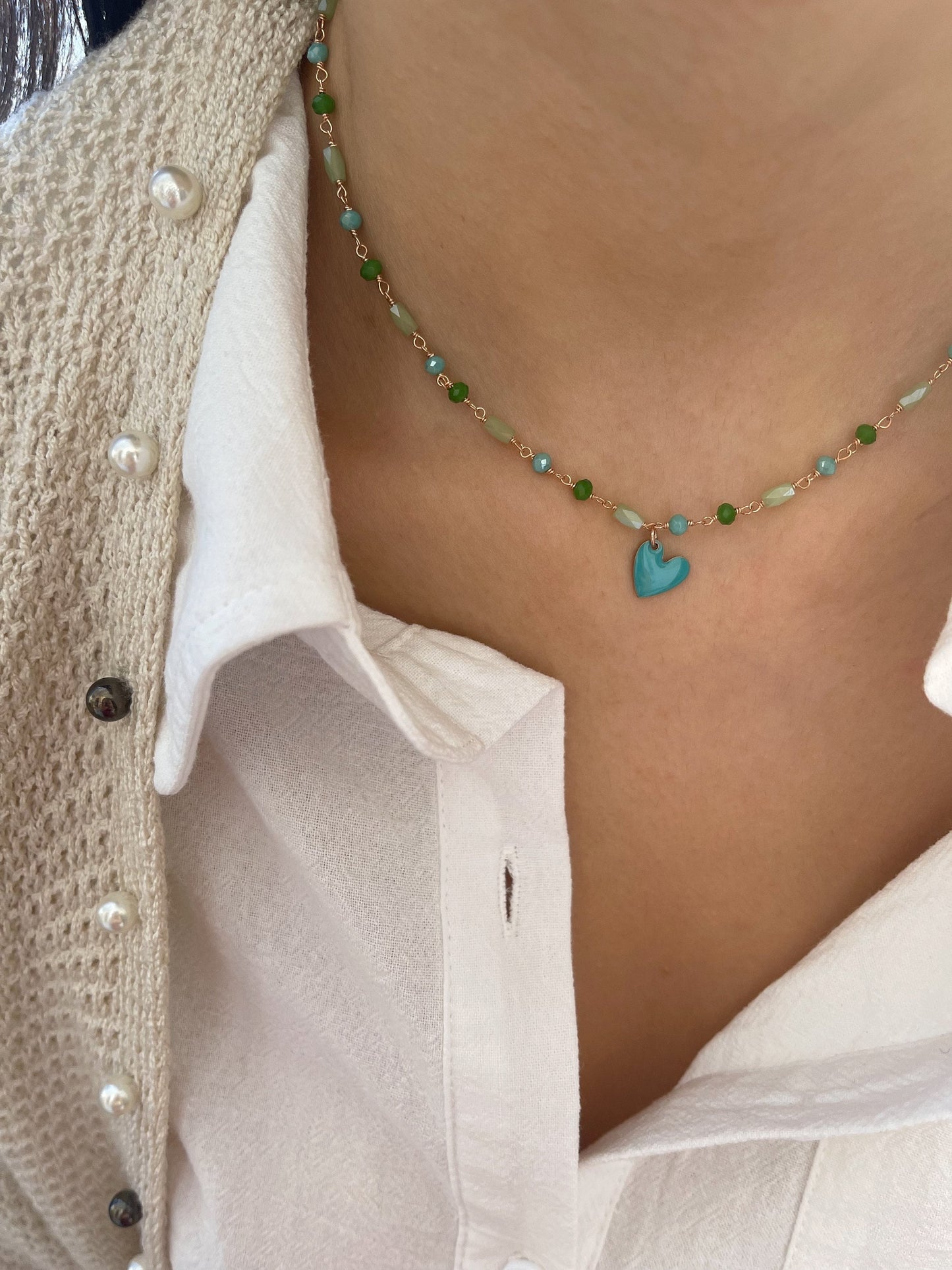 Collana rosario in argento 925 rosato con cuore smaltato