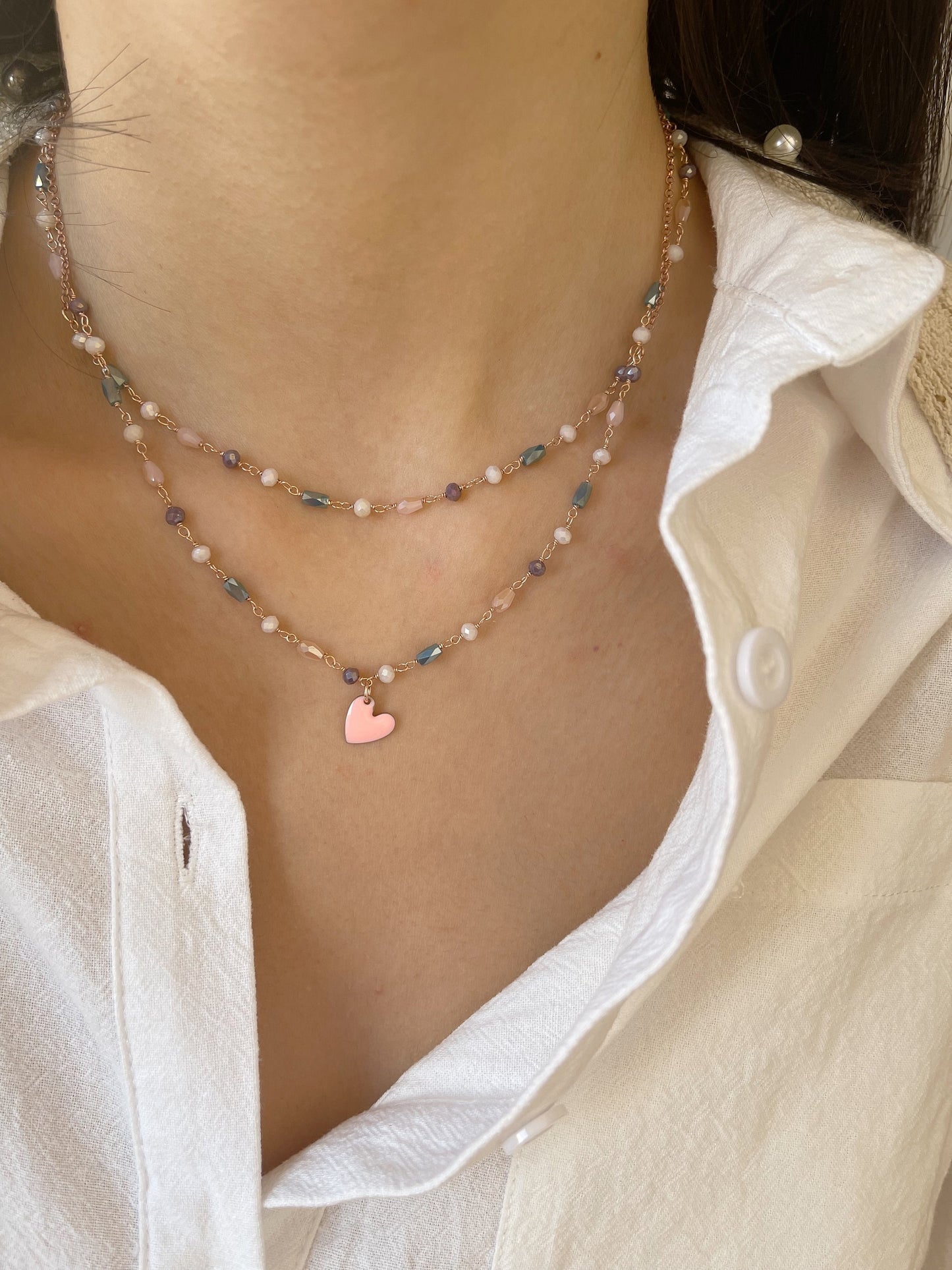 Collana rosario a doppio filo in argento 925 rosato con cuore smaltato