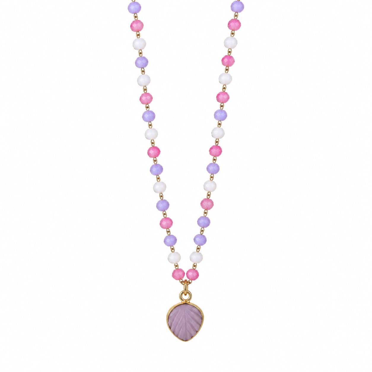 Collana rosario con fogliolina in quarzo rosa
