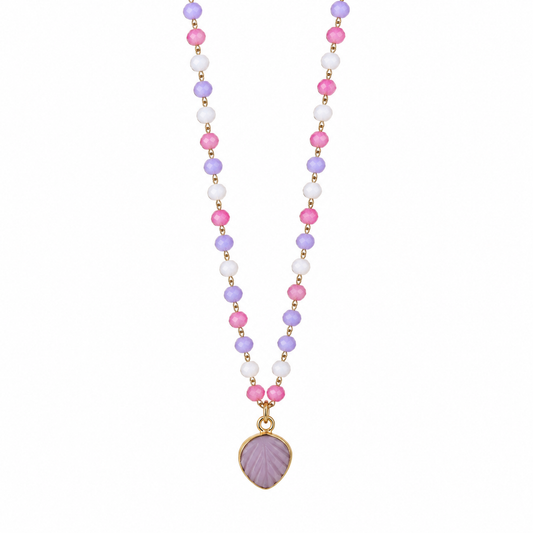 Collana rosario con fogliolina in quarzo rosa