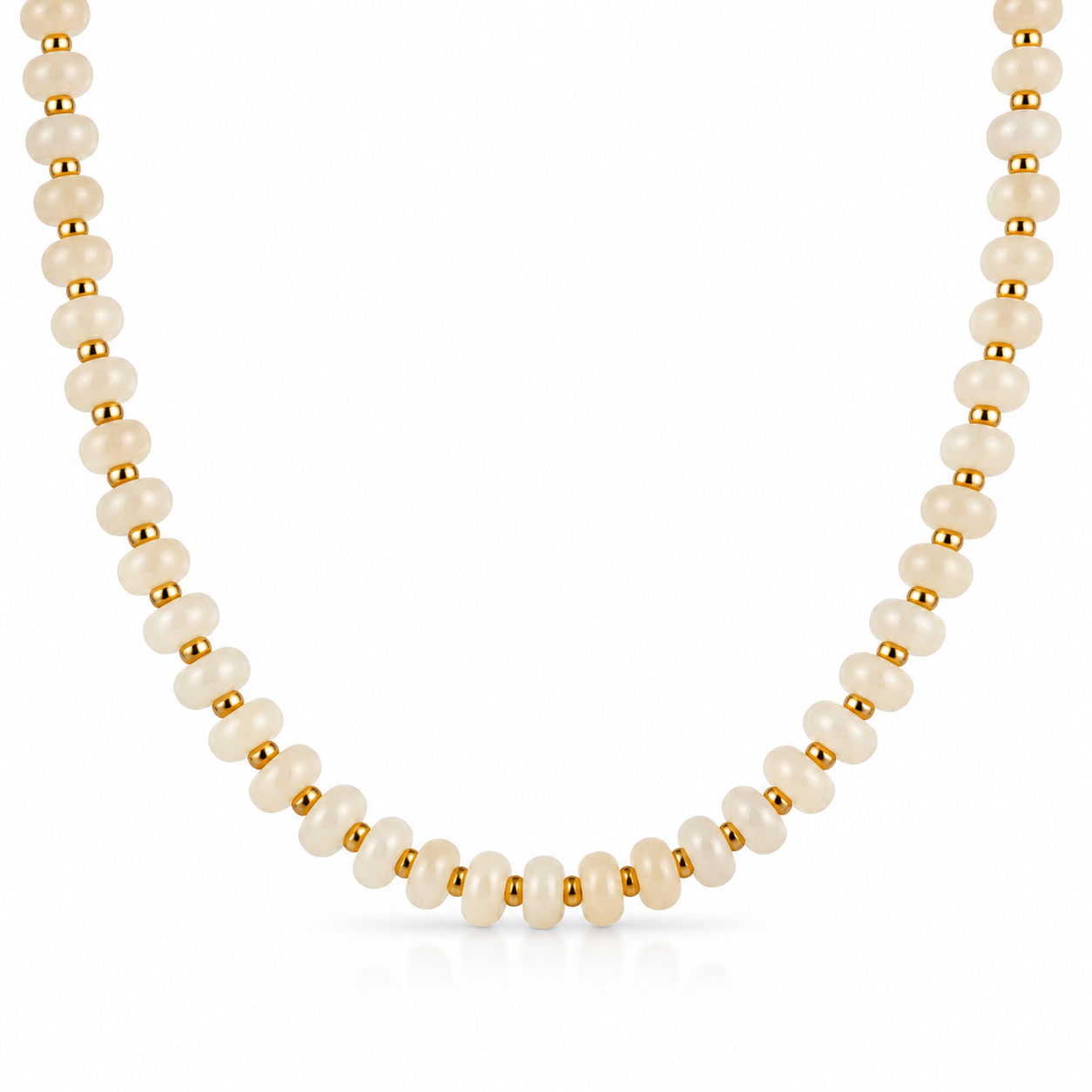 Collana con rondelle in angelite e perline in acciaio dorato