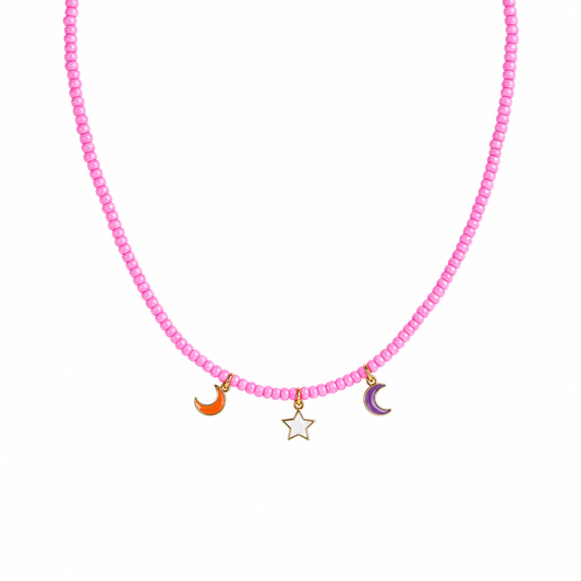 Collana con perline in vetro e mini ciondoli stella e luna