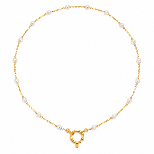 Base collana in acciaio dorato e perle con chiusura per ciondoli