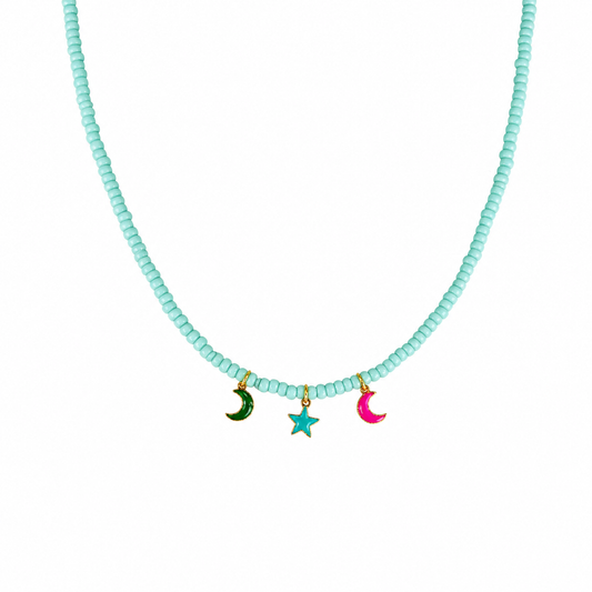Collana con perline in vetro e mini ciondoli stella e luna
