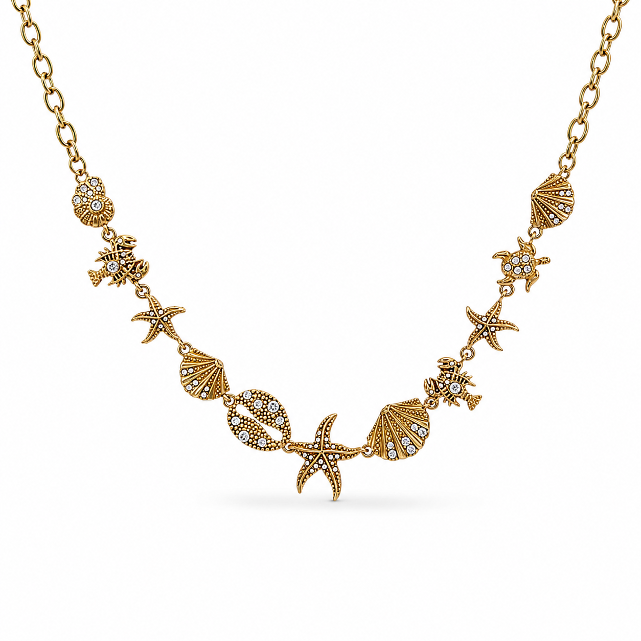 Collana in acciaio oro con soggetti marini con zirconi