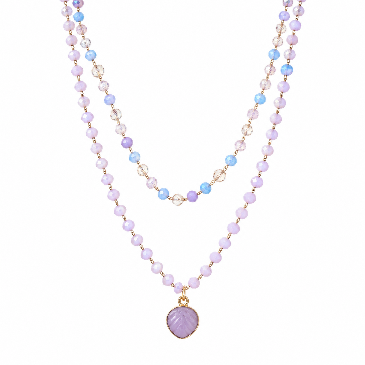 Collana rosario a doppio filo con fogliolina in quarzo rosa
