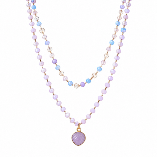 Collana rosario a doppio filo con fogliolina in quarzo rosa