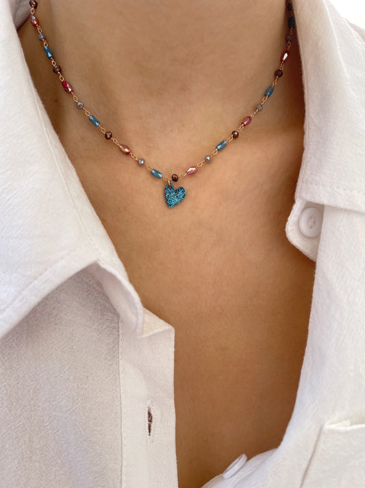 Collana rosario in argento 925 con cuore glitterato
