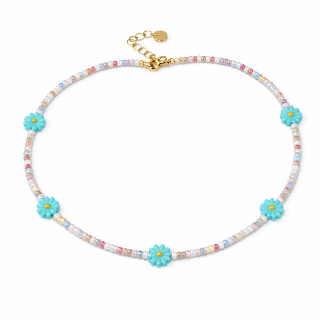 Collana con perline in vetro e margherite in madreperla