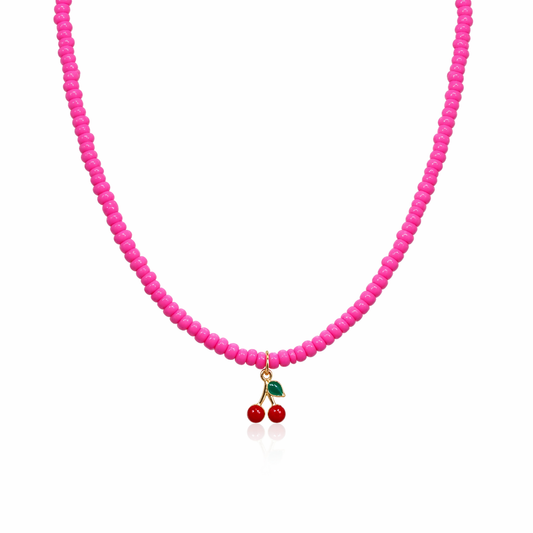 Collana con perline in vetro e mini ciliegine smaltate