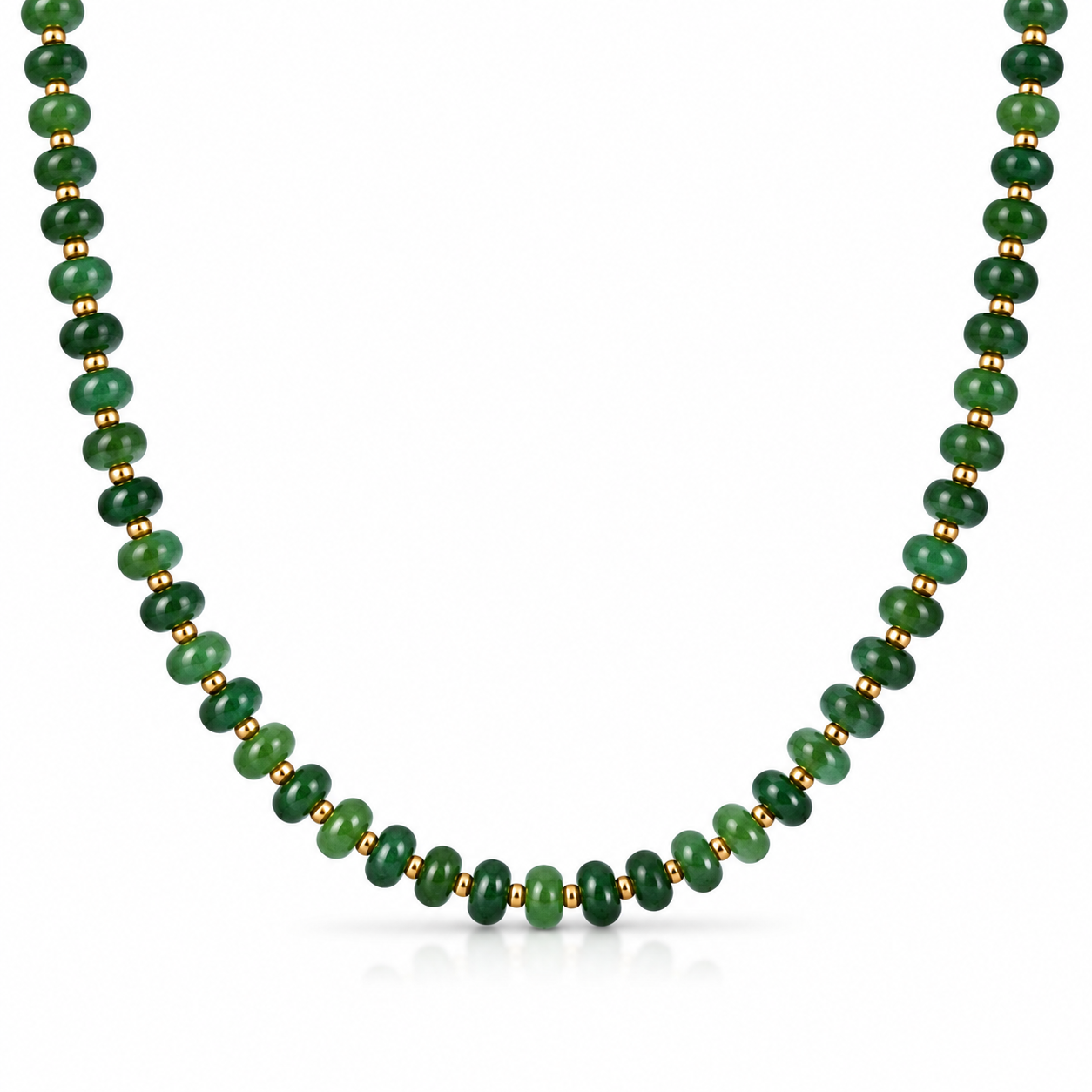 Collana con rondelle in malachite e perline in acciaio dorato