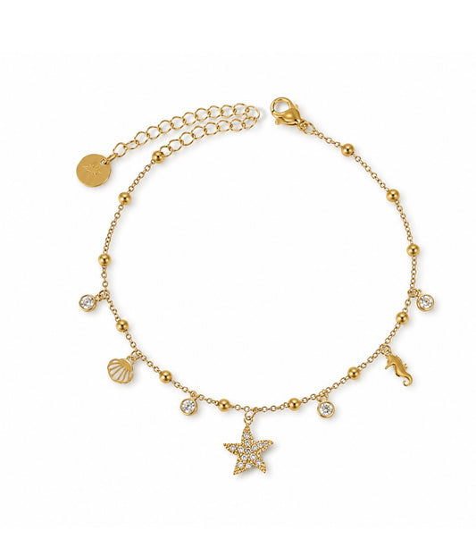 Cavigliera in acciaio dorato con charm con zirconi