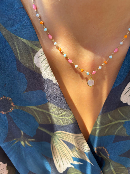 Collana rosario in argento 925 con pietra di quarzo rosa