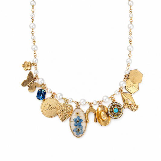 Collana multicharm in acciaio, ottone e ciondoli vintage