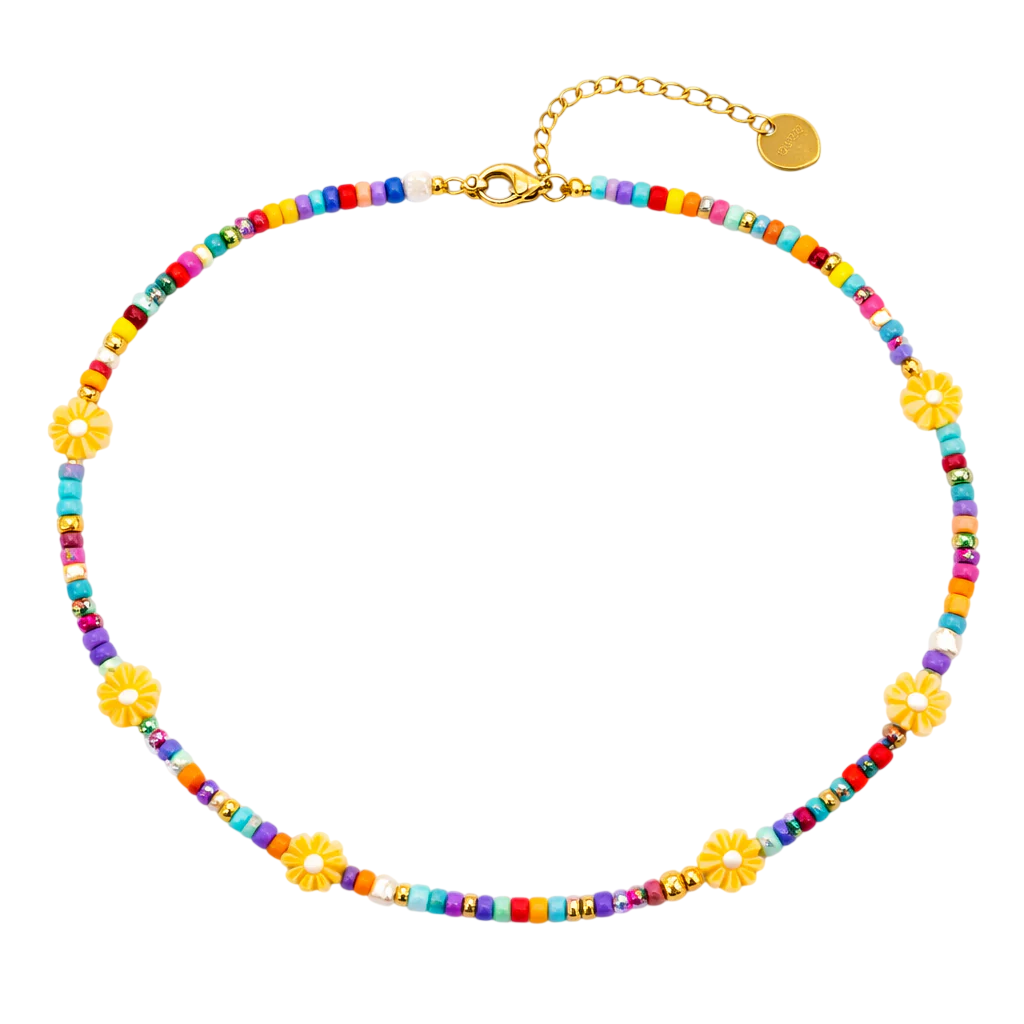 Collana con perline in vetro e margherite in madreperla