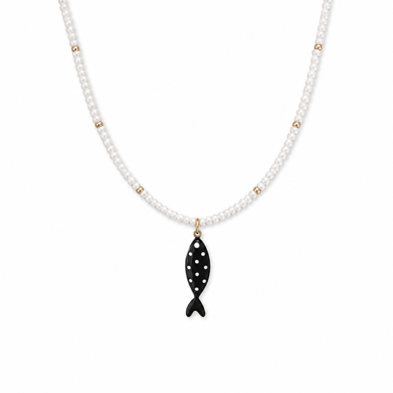 Collana con perline in vetro a righe e pesce a pois