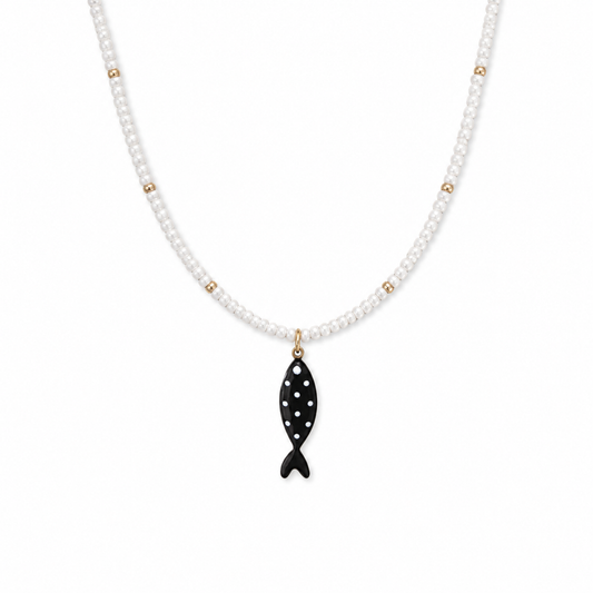 Collana con perline in vetro a righe e pesce a pois