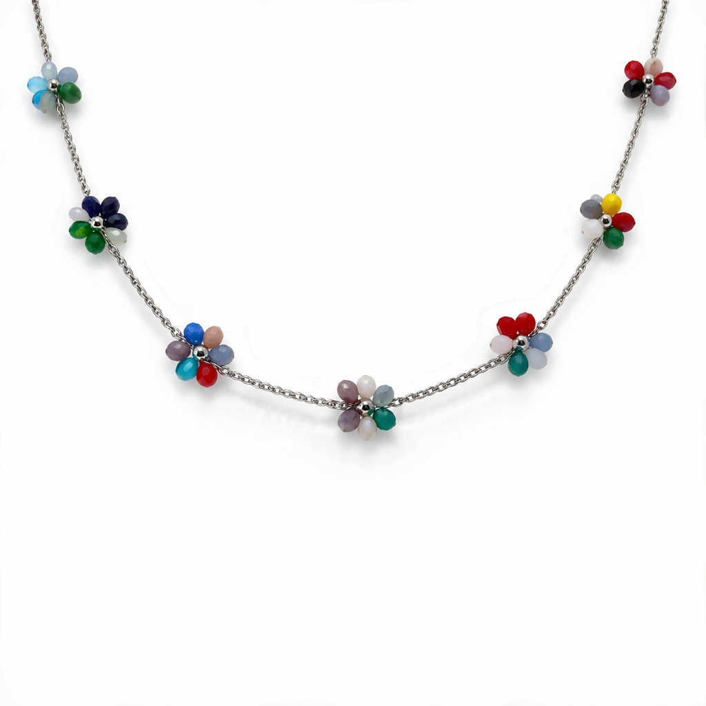 Collana in acciaio con margherite multicolor