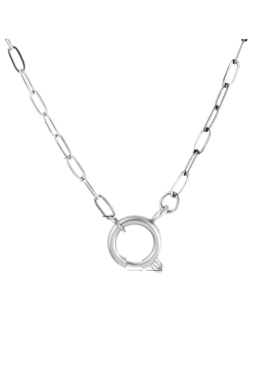 Base collana in acciaio argentato con chiusura per ciondoli