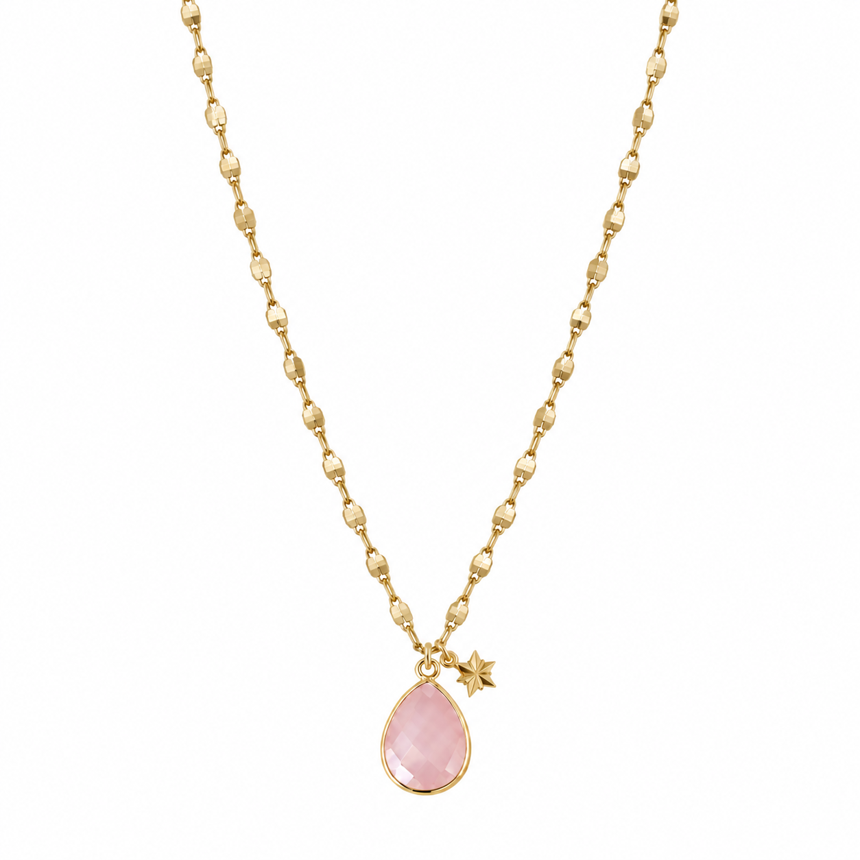 Collana lunga con quarzo rosa e stellina in acciaio