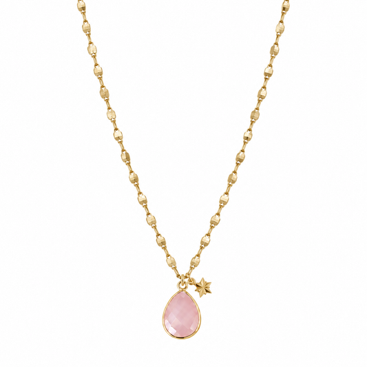 Collana lunga con quarzo rosa e stellina in acciaio