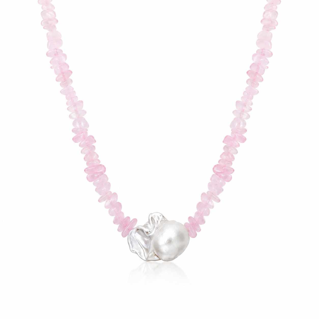 Collana con chips in quarzo rosa e perla barocca