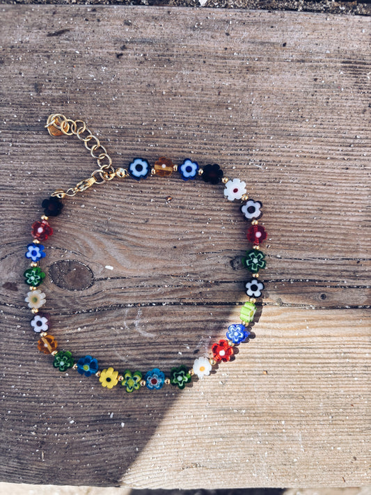 Cavigliera con margherite multicolor in vetro di Murano