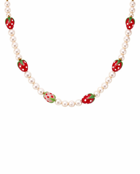 Collana con perle naturali e fragole in vetro