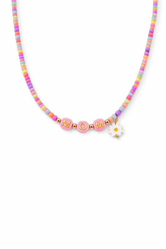 Collana con perline in vetro, letterine e margherita pendente