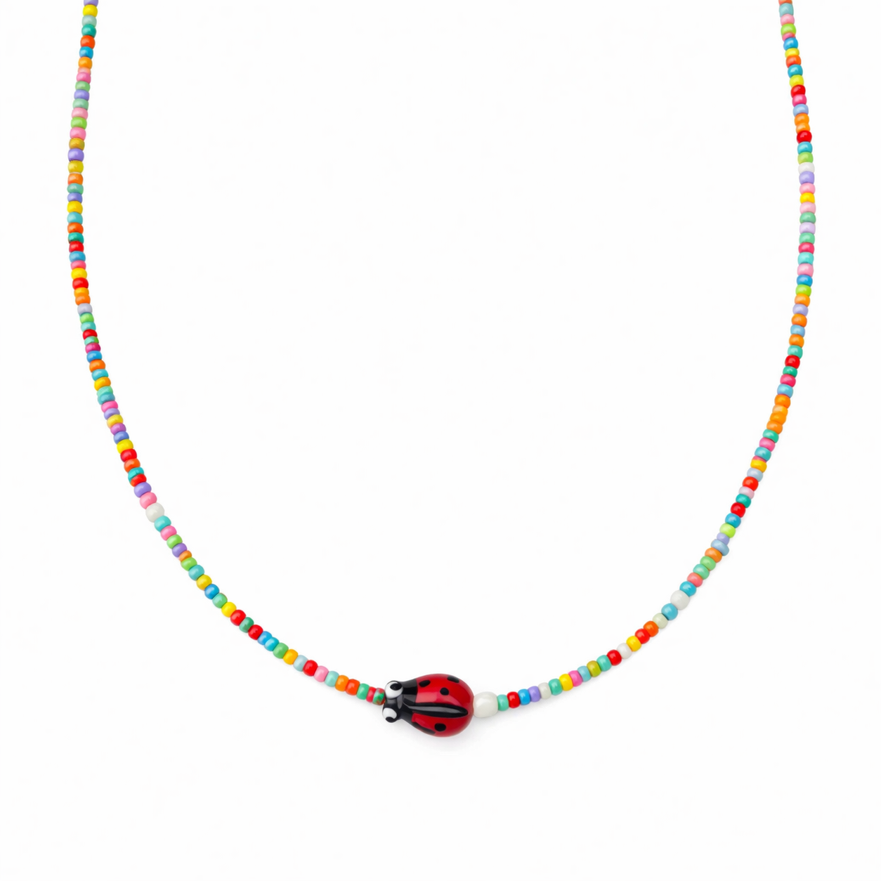 Collana con perline in vetro e coccinella centrale
