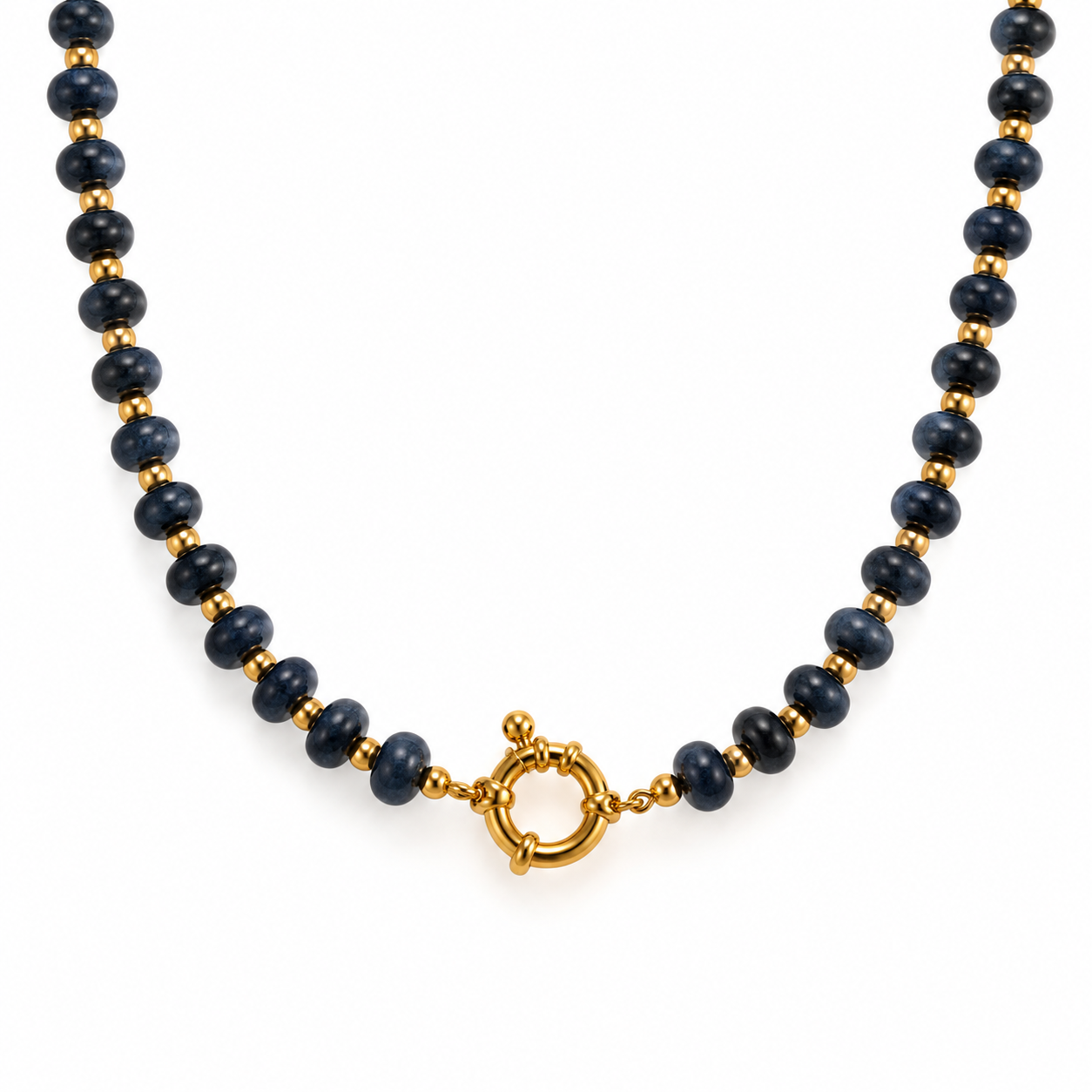 Collana con rondelle in lapis e perline in acciaio dorato