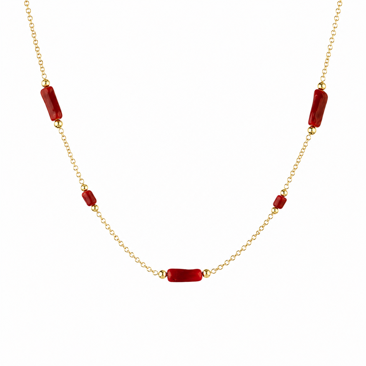 Collana con catena in acciaio e tubetti di corallo naturale