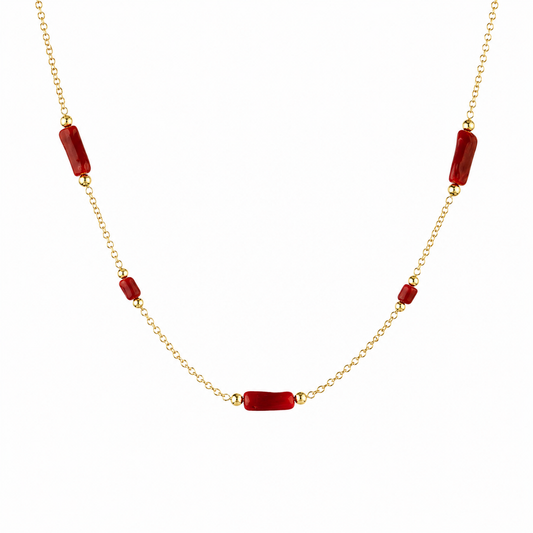 Collana con catena in acciaio e tubetti di corallo naturale