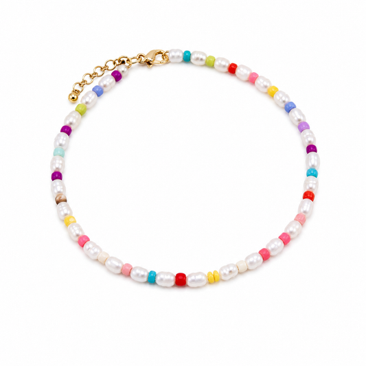 Cavigliera con perle di fiume e perline in vetro multicolor