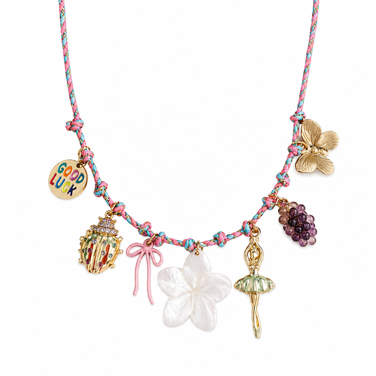 Collana multicharm in acciaio e corda