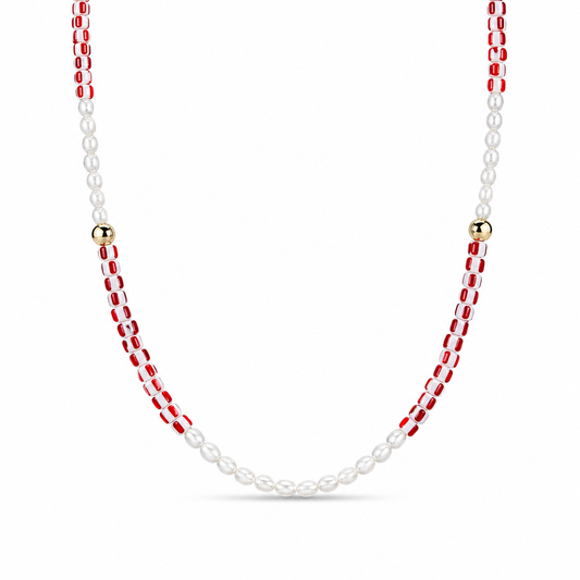 Collana con perline in vetro a righe e perle di fiume