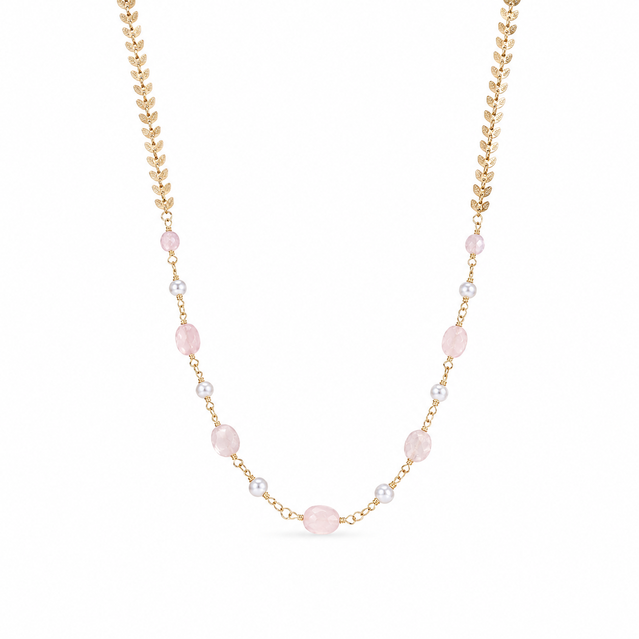 Collana lunga in quarzo rosa e acciaio