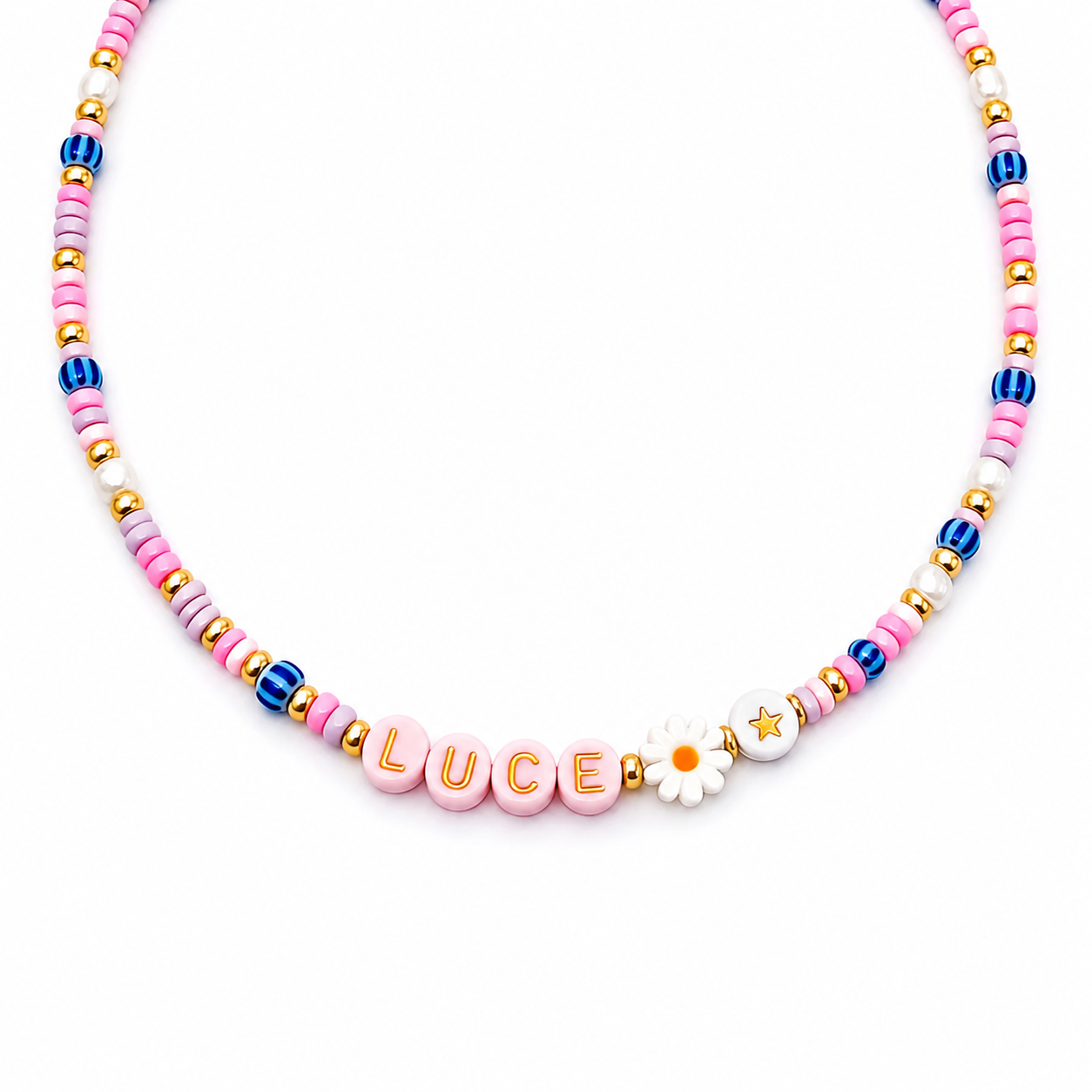 Collana con perline in vetro e letterine - lilla