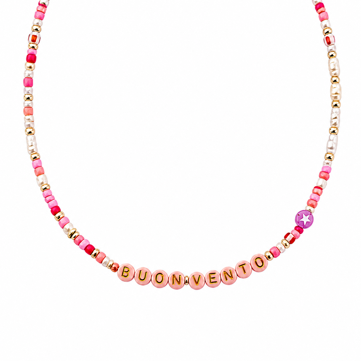 Collana con perline in vetro e letterine - rosa
