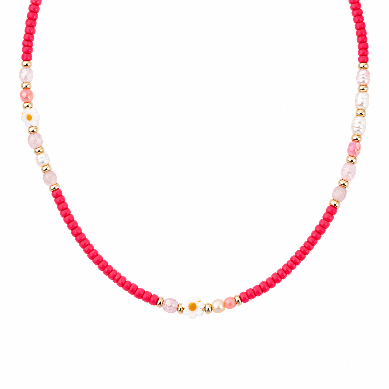 Collana con perline in vetro, pietre dure e margherite in Murano
