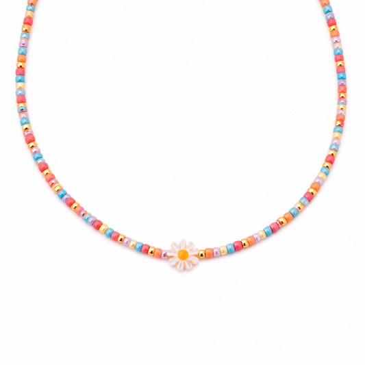 Collana con perline in vetro e margherita in madreperla