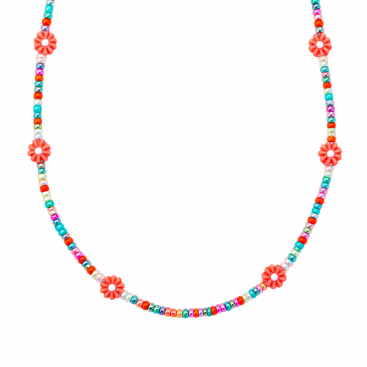 Collana con perline in vetro e margherite in madreperla