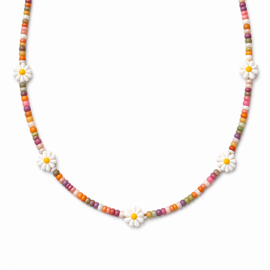 Collana con perline in vetro e margherite in madreperla